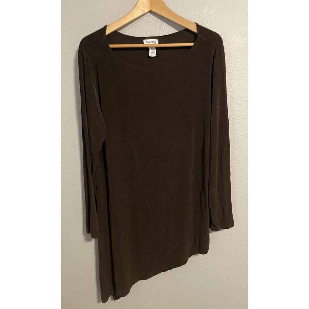 Chicos Womens Tunic Size 3 US XL Brown Stretch Slinky Long Sleeve Minimalist